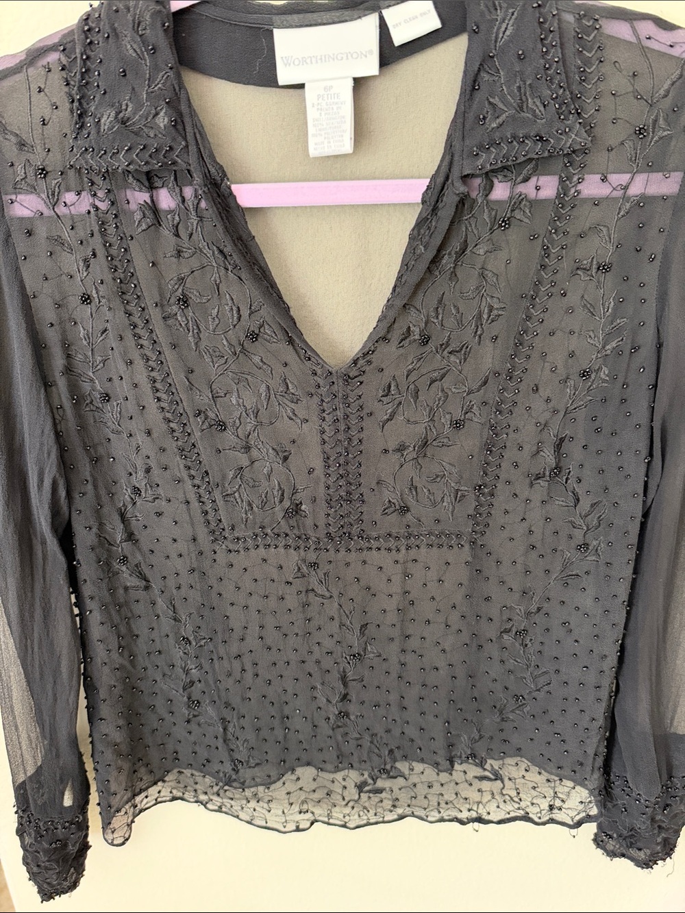 Worthington Vtg silk black sheer whimsy goth boho beaded embroidered blouse